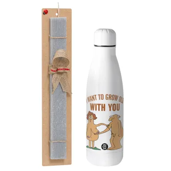 I want to grow old with you, Easter Set, metallic stainless thermos bottle (500ml) & scented flat Easter candle (30cm) (GRAY)