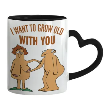 I want to grow old with you, Κούπα καρδιά χερούλι μαύρη, κεραμική, 330ml