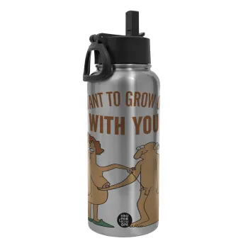 I want to grow old with you, Metal mug thermo Silver with Straw and Spout Lid (Stainless steel), double wall, 950ml