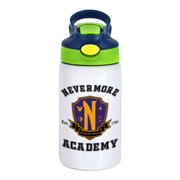 Wednesday Nevermore Academy University, Children's hot water bottle, stainless steel, with safety straw, green, blue (350ml)