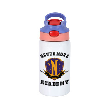 Wednesday Nevermore Academy University, Children's hot water bottle, stainless steel, with safety straw, pink/purple (350ml)