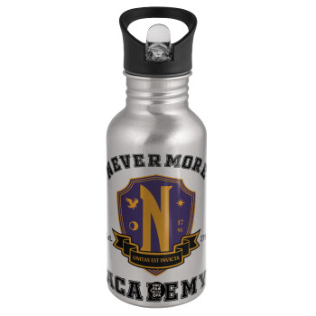 Wednesday Nevermore Academy University, Water bottle Silver with straw, stainless steel 500ml