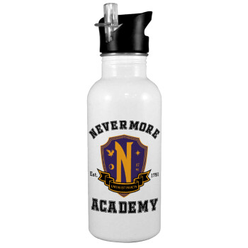 Wednesday Nevermore Academy University, Παγούρι νερού Λευκό με καλαμάκι, ανοξείδωτο ατσάλι 600ml