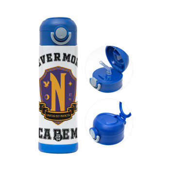 Wednesday Nevermore Academy University, Children's hot water bottle, stainless steel, with safety straw, BLUE (500ml)