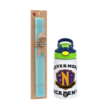 Wednesday Nevermore Academy University, Easter Set, Children's thermal stainless steel bottle with safety straw, green/blue (350ml) & aromatic flat Easter candle (30cm) (TURQUOISE)