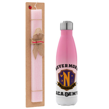 Wednesday Nevermore Academy University, Easter Set, Metallic pink/white (Stainless steel) thermos, double-walled, 500ml & aromatic flat Easter candle (30cm) (PINK)