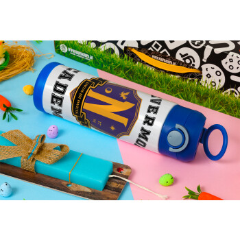 Wednesday Nevermore Academy University, Easter candle, Childrens hot water bottle, stainless steel, with safety straw, BLUE (500ml)