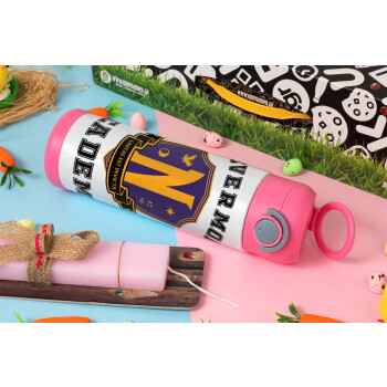 Wednesday Nevermore Academy University, Easter candle, Childrens hot water bottle, stainless steel, with safety straw, PINK (500ml)