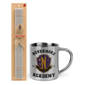 Wednesday Nevermore Academy University, Πασχαλινό Σετ, μεταλλική κούπα θερμό (300ml) & πασχαλινή λαμπάδα αρωματική πλακέ (30cm) (ΓΚΡΙ)