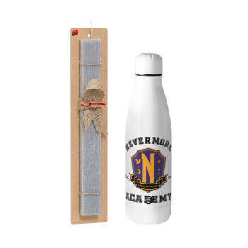 Wednesday Nevermore Academy University, Easter Set, metallic stainless thermos bottle (500ml) & scented flat Easter candle (30cm) (GRAY)