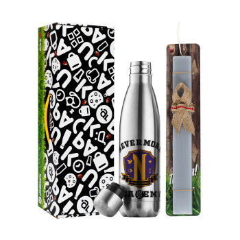 Wednesday Nevermore Academy University, Easter Set, metallic stainless thermos flask (500ml) & scented flat Easter candle (30cm) (GRAY)