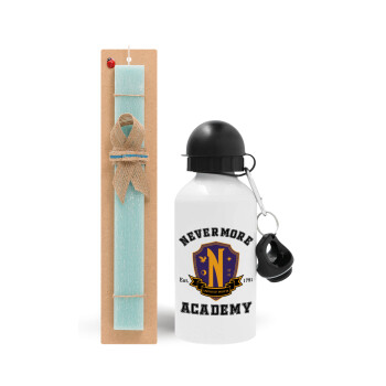 Wednesday Nevermore Academy University, Easter Set, metallic aluminum water bottle (500ml) & scented flat candle (30cm) (TURQUOISE)