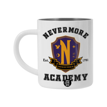 Wednesday Nevermore Academy University, Λευκή Ανοξείδωτη Μεταλλική Κούπα 450ml - Διπλού Τοιχώματος 