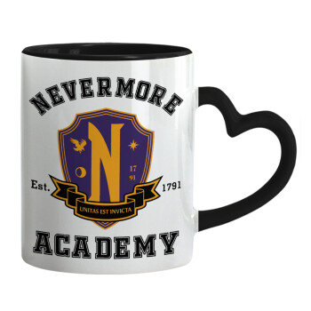 Wednesday Nevermore Academy University, Κούπα καρδιά χερούλι μαύρη, κεραμική, 330ml