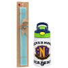 Easter Set, Children's thermal stainless steel bottle with safety straw, green/blue (350ml) & aromatic flat Easter candle (30cm) (TURQUOISE)