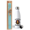 Easter Set, metallic stainless steel water bottle (750ml) & aromatic flat Easter candle (30cm) (TURQUOISE)