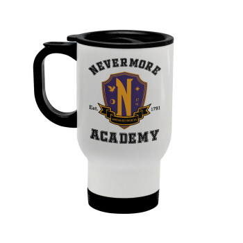 Wednesday Nevermore Academy University, Stainless steel travel mug with lid, double wall white 450ml