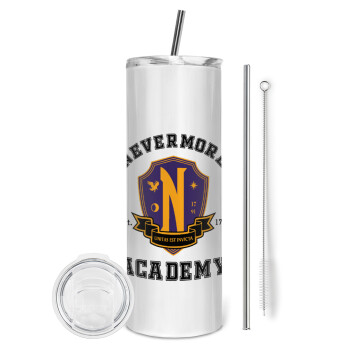 Wednesday Nevermore Academy University, Eco friendly ποτήρι θερμό (tumbler) από ανοξείδωτο ατσάλι 600ml, με μεταλλικό καλαμάκι & βούρτσα καθαρισμού