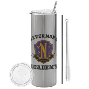 Wednesday Nevermore Academy University, Eco friendly ποτήρι θερμό Ασημένιο (tumbler) από ανοξείδωτο ατσάλι 600ml, με μεταλλικό καλαμάκι & βούρτσα καθαρισμού
