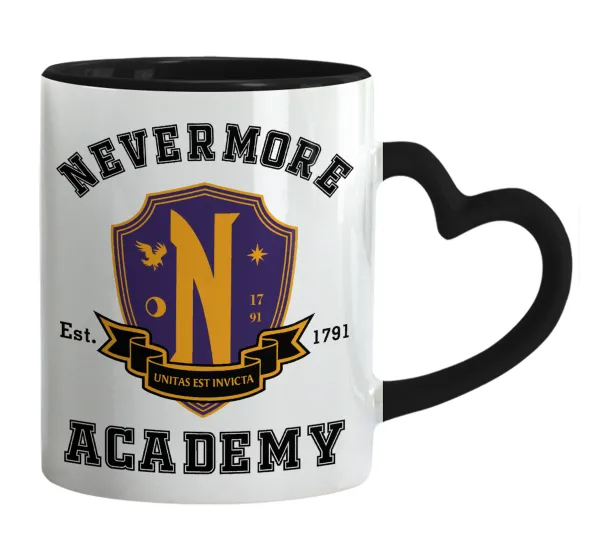 Wednesday Nevermore Academy University — Mug heart black handle, ceramic, 330ml