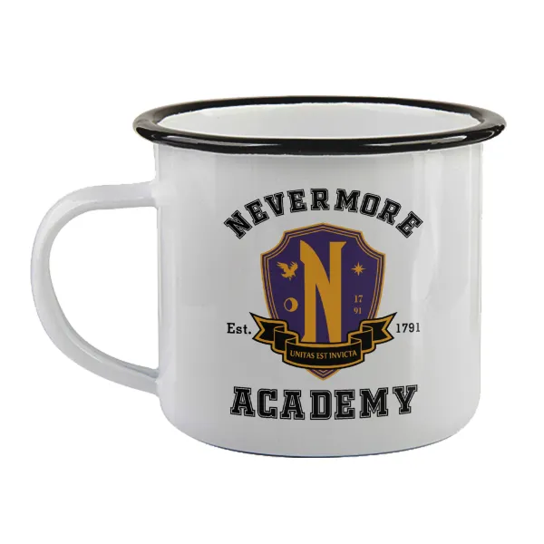 Wednesday Nevermore Academy University — Enamel mug with black rim, 360ml
