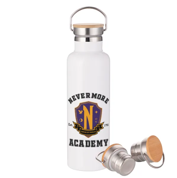 Wednesday Nevermore Academy University — Μεταλλικό παγούρι θερμός (Stainless steel) Λευκό με ξύλινο καπάκι (bamboo), διπλού τοιχώματος, 750ml