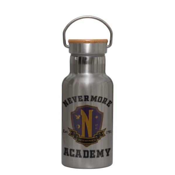 Wednesday Nevermore Academy University — Stainless steel metallic thermos flask, silver with a bamboo lid, double-walled, 350ml.