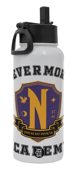 Wednesday Nevermore Academy University — Metal mug thermo White with Straw and Spout Lid (Stainless steel), double wall, 950ml