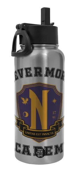 Wednesday Nevermore Academy University — Metal mug thermo Silver with Straw and Spout Lid (Stainless steel), double wall, 950ml