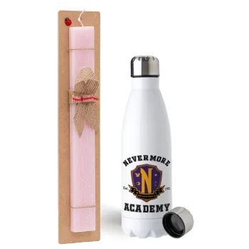 Wednesday Nevermore Academy University, Easter Set, metallic stainless steel water bottle (750ml) & scented flat Easter candle (30cm) (PINK)
