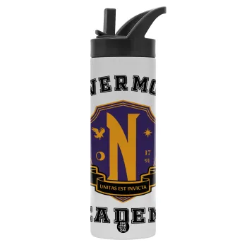 Wednesday Nevermore Academy University, Metallic thermos bottle with straw & handle, stainless steel (Stainless steel 304), double-walled, 600ml.