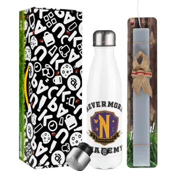 Wednesday Nevermore Academy University, Easter candle, metallic white thermos bottle (500ml) & aromatic flat candle (30cm) (GRAY)
