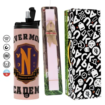 Wednesday Nevermore Academy University, Πασχαλινή Λαμπάδα με  ΡΟΖ Travel Tumbler θερμό (600ml, BPA free) & κερί αρωματικό πλακέ (30cm) (ΡΟΖ)