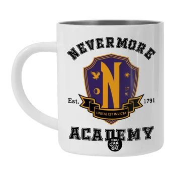 Wednesday Nevermore Academy University, Λευκή Ανοξείδωτη Μεταλλική Κούπα 450ml - Διπλού Τοιχώματος 
