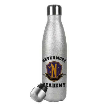 Wednesday Nevermore Academy University, Metallic Glitter Silver Thermos Flask (Stainless steel), double-walled, 500ml