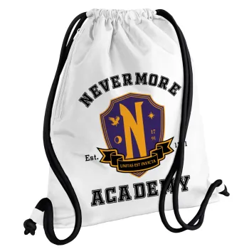 Wednesday Nevermore Academy University, Backpack pouch GYMBAG white, with pocket (40x48cm) & thick cords