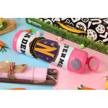 Wednesday Nevermore Academy University, Πασχαλινή Λαμπάδα με Παιδικό παγούρι θερμό, ανοξείδωτο, με καλαμάκι ασφαλείας, ΡΟΖ (500ml)