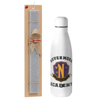Wednesday Nevermore Academy University, Easter Set, metallic stainless thermos bottle (500ml) & scented flat Easter candle (30cm) (GRAY)