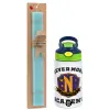 Easter Set, Children's thermal stainless steel bottle with safety straw, green/blue (350ml) & aromatic flat Easter candle (30cm) (TURQUOISE)