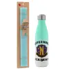 Easter Set, Metallic green/white thermos (Stainless steel), double-walled, 500ml & scented flat Easter candle (30cm) (TURQUOISE)