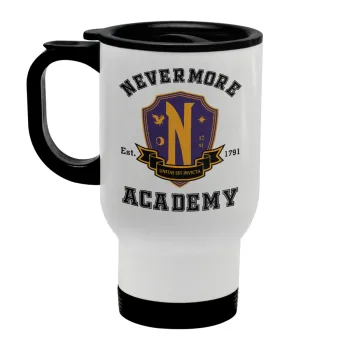 Wednesday Nevermore Academy University, Κούπα ταξιδιού ανοξείδωτη με καπάκι, διπλού τοιχώματος (θερμό) λευκή 450ml
