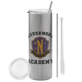 Wednesday Nevermore Academy University, Tumbler ποτήρι θερμό Ασημένιο από ανοξείδωτο ατσάλι 600ml, με μεταλλικό καλαμάκι & βούρτσα καθαρισμού