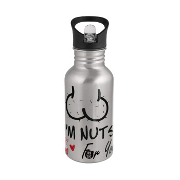 I'm Nuts for you, Water bottle Silver with straw, stainless steel 500ml