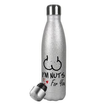 I'm Nuts for you, Μεταλλικό παγούρι θερμός Glitter Aσημένιο (Stainless steel), διπλού τοιχώματος, 500ml