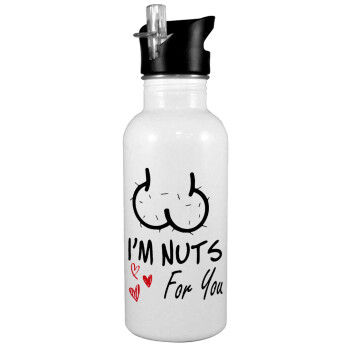 I'm Nuts for you, White water bottle with straw, stainless steel 600ml
