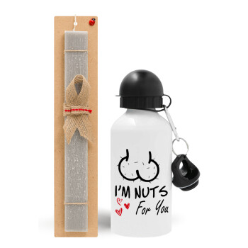 I'm Nuts for you, Easter Set, metallic aluminum water bottle (500ml) & aromatic flat Easter candle (30cm) (GRAY)