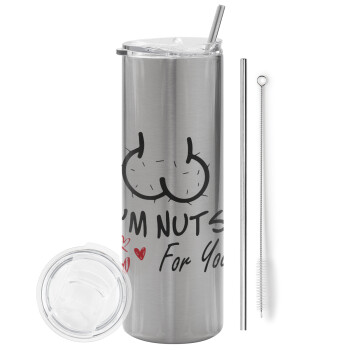 I'm Nuts for you, Eco friendly stainless steel Silver tumbler 600ml, with metal straw & cleaning brush