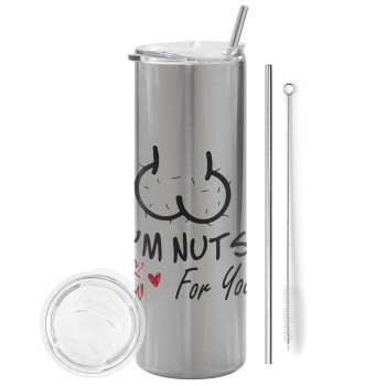 I'm Nuts for you, Tumbler stainless steel Silver 600ml, with metal straw & cleaning brush