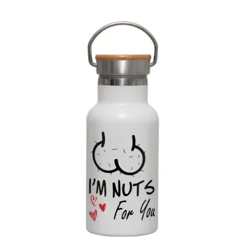 I'm Nuts for you, Metallic thermos (Stainless steel) White with wooden lid (bamboo), double-walled, 350ml