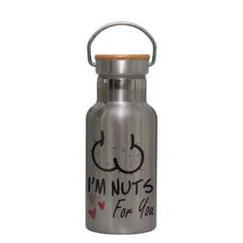 I'm Nuts for you, Μεταλλικό παγούρι θερμός (Stainless steel) Ασημένιο με ξύλινο καπακι (bamboo), διπλού τοιχώματος, 350ml